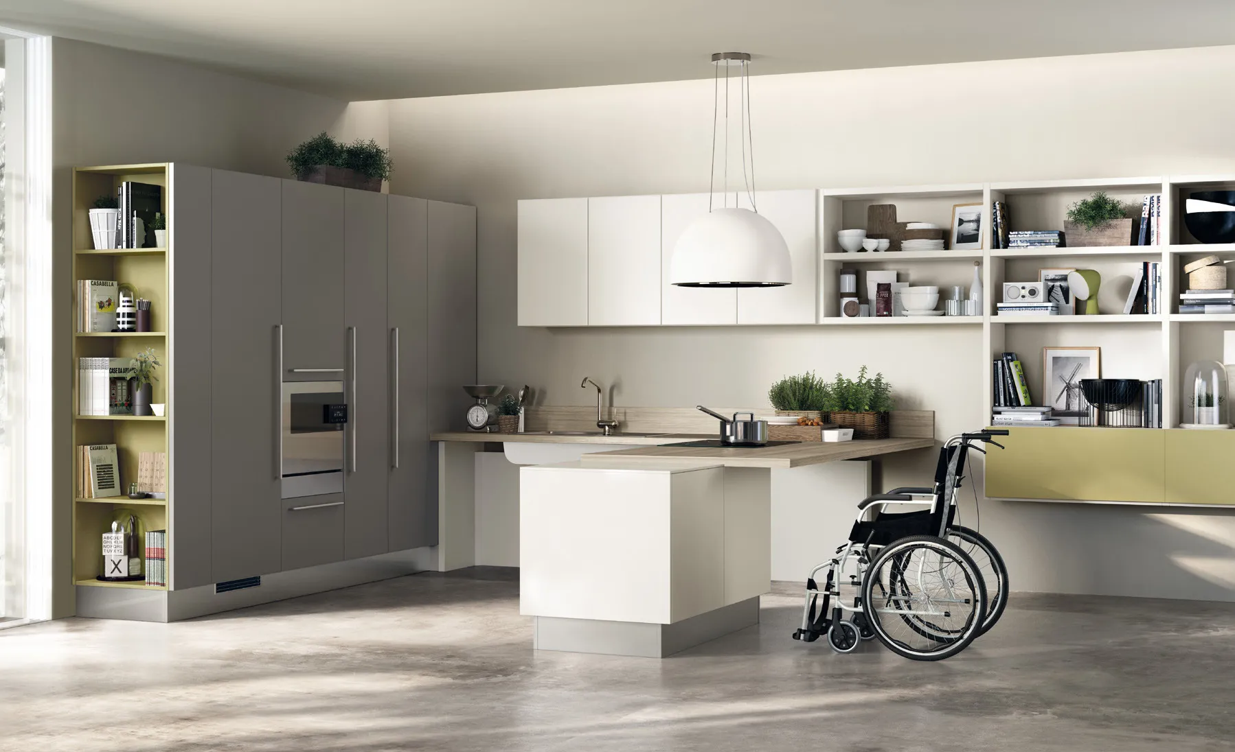 Cucina Utility System Scavolini con penisola attrezzata a piano sospeso, colonne grigie e pensili bianchi a giorno
