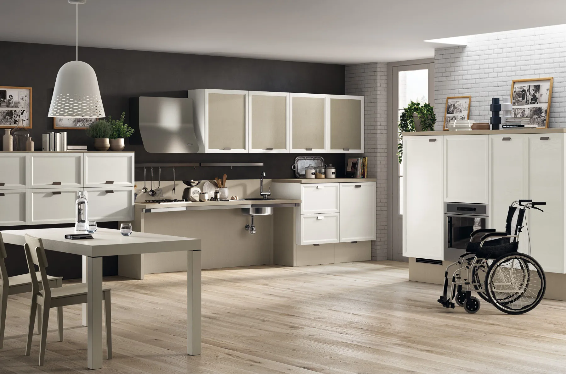 Cucina Utility System Scavolini con ante a telaio bianche, piano sospeso e forno in colonna ad altezza comoda