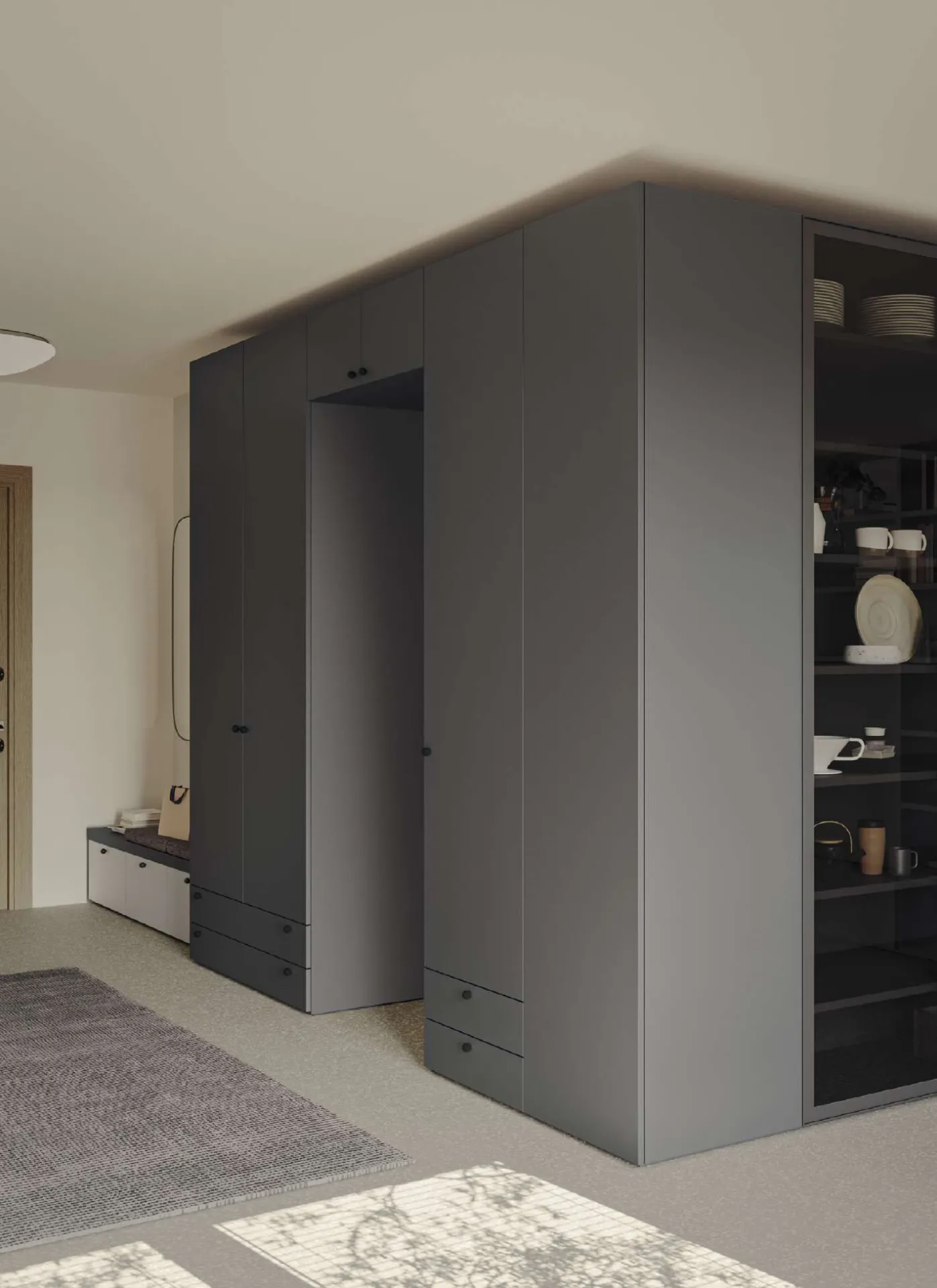 Ingresso Golf Utility Space Colombini con armadiatura grigio scuro e vano a giorno con ripiani in vetro