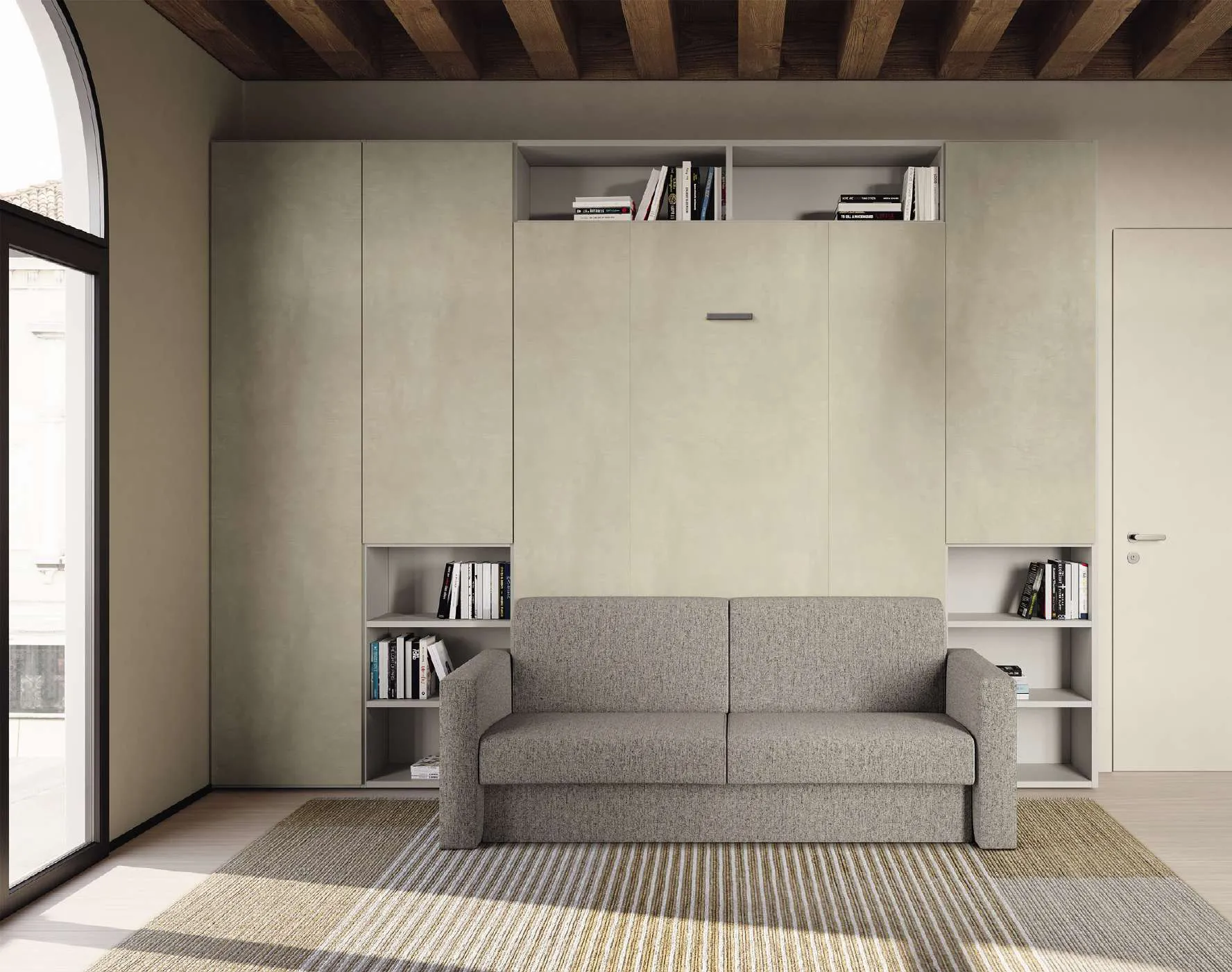 Camera per gli ospiti Golf Utility Space Colombini con divano davanti al letto a scomparsa e librerie laterali