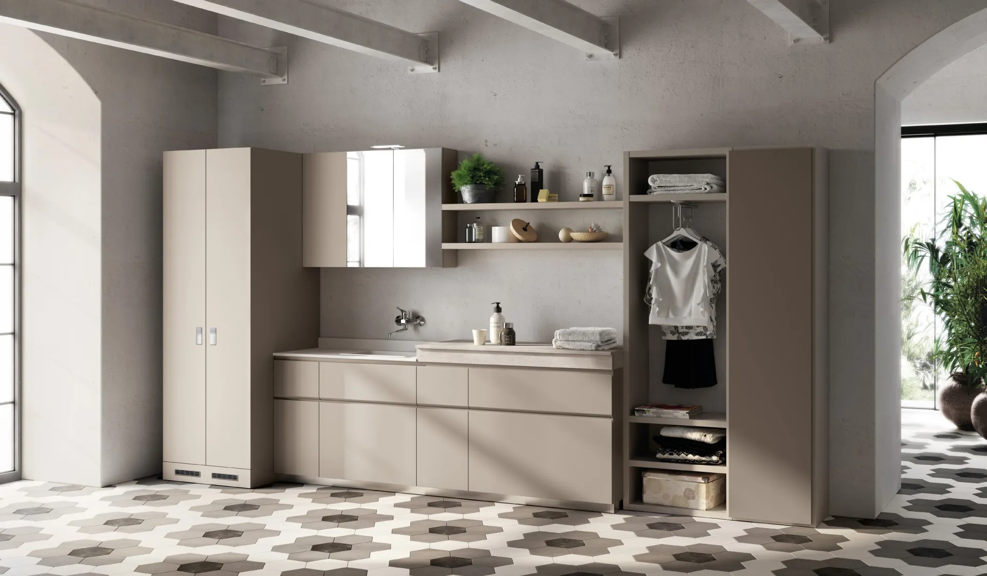 Lavanderia Laundry Space Scavolini con colonna ripostiglio, basi beige e mensole a giorno su pavimento esagonale