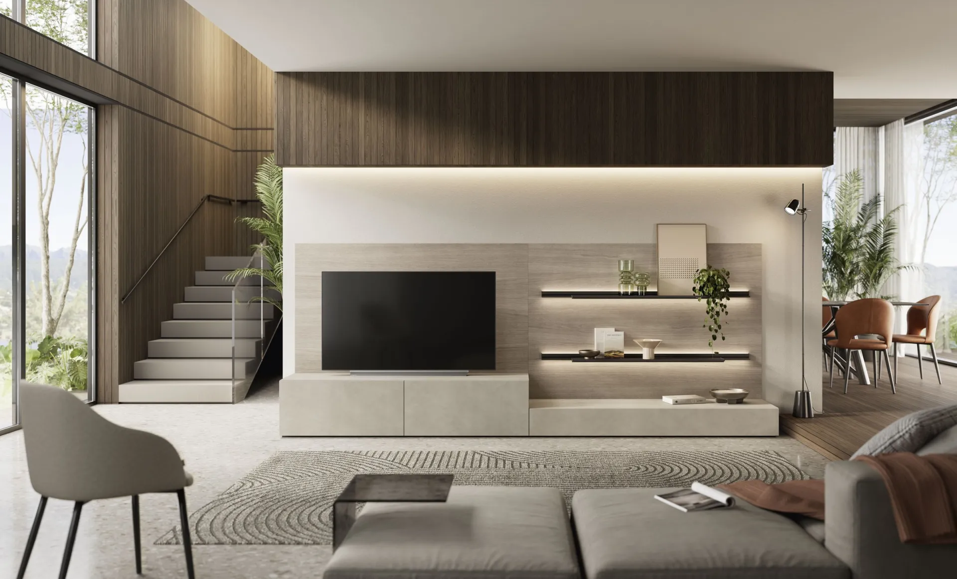 Parete attrezzata Feeling Scavolini con basi chiare, schienale TV luminoso e mensole scure illuminate