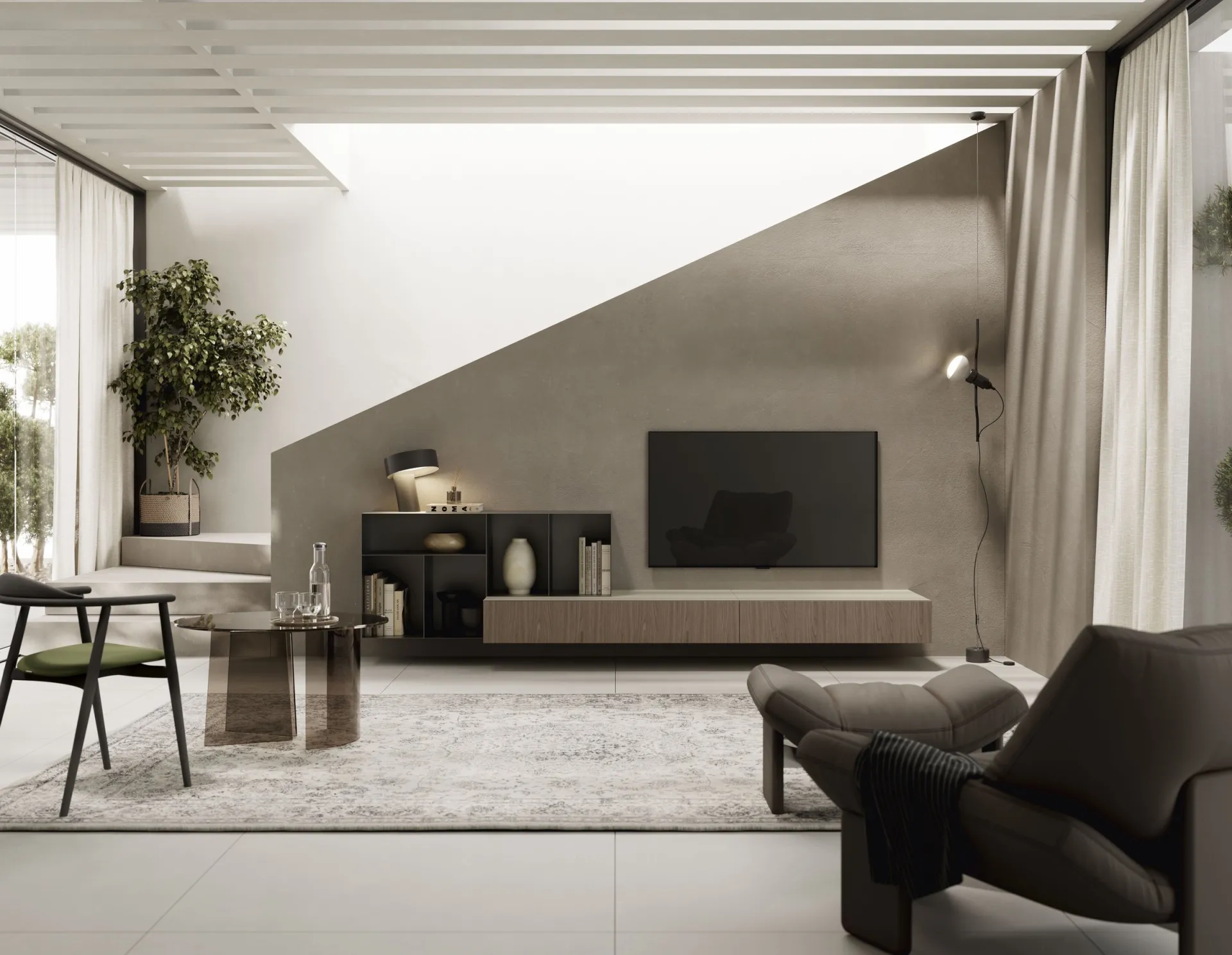 Composizione soggiorno Feeling Scavolini con base sospesa in legno scuro e libreria nera a giorno