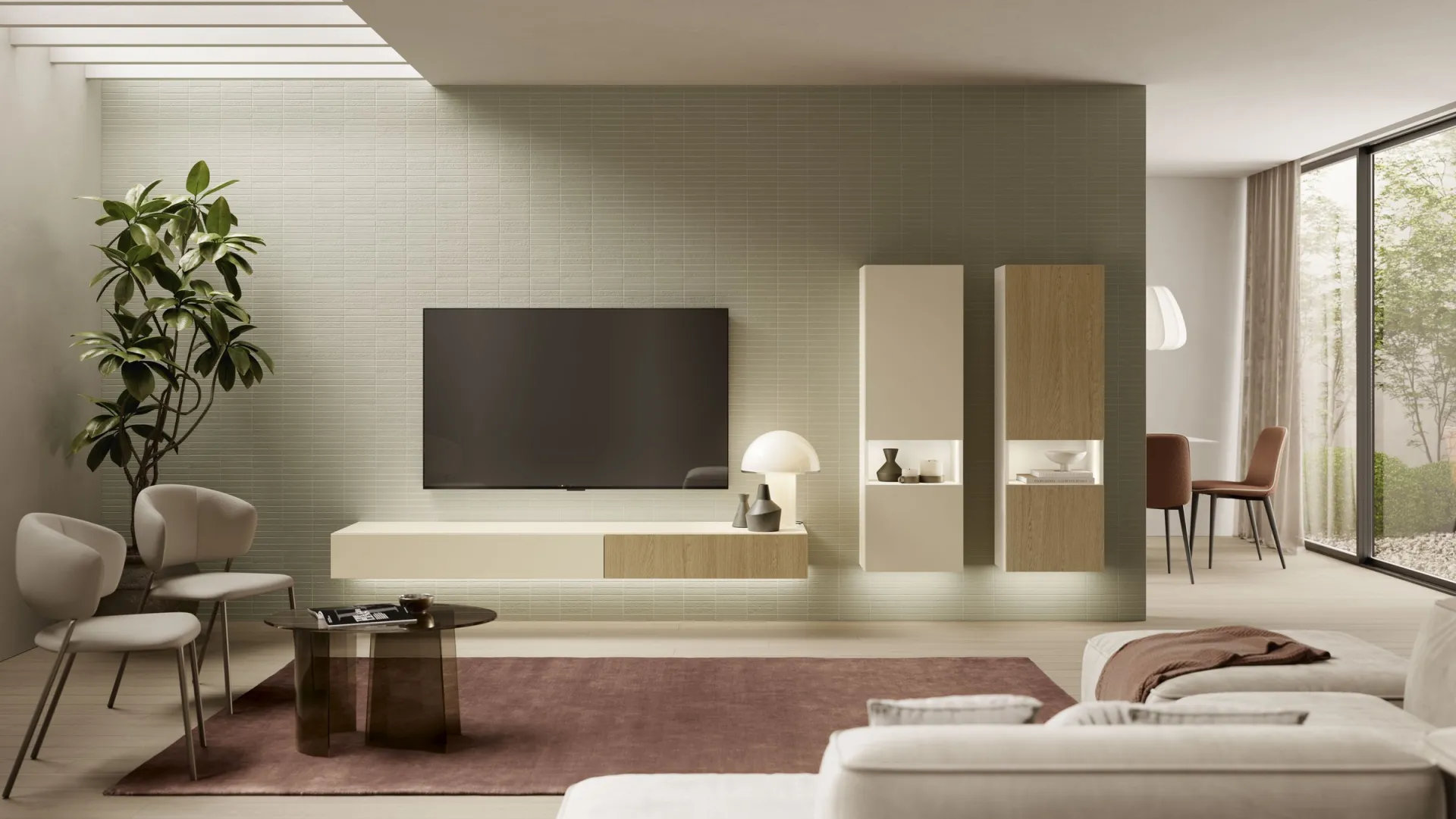 Parete attrezzata Feeling Scavolini con base sospesa crema e rovere e due colonne pensili illuminate