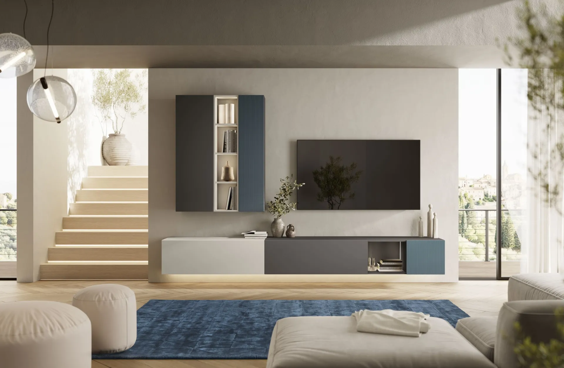 Composizione soggiorno Feeling Scavolini con base sospesa e pensili alti in grigio, antracite e blu