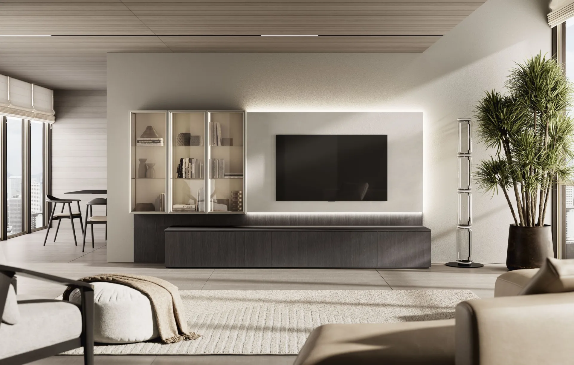 Parete attrezzata Feeling Scavolini con vetrina in alluminio e vetro, schienale TV bianco illuminato e basi scure