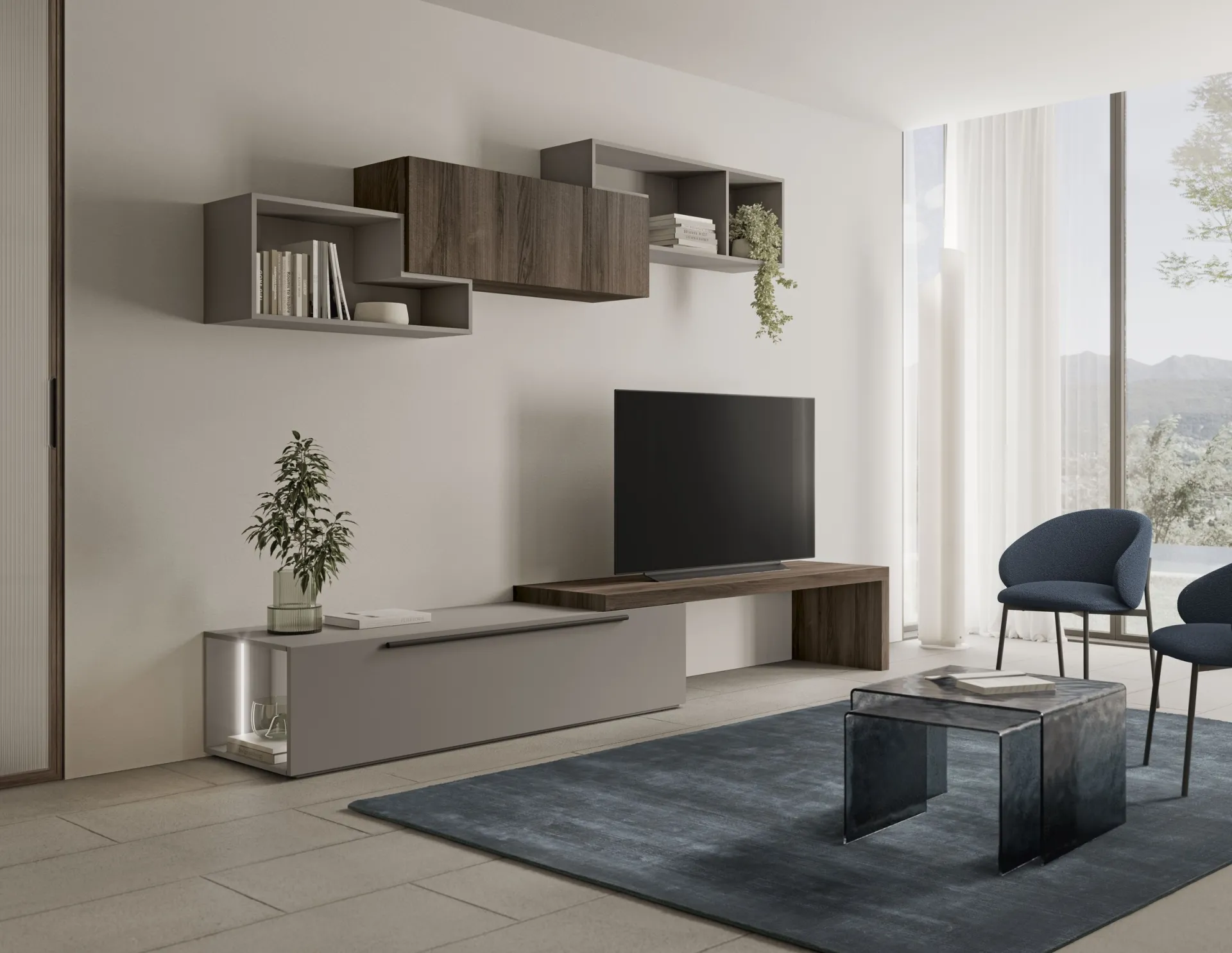 Composizione soggiorno Feeling Scavolini con base sospesa grigia, piano in legno scuro e pensili sfalsati