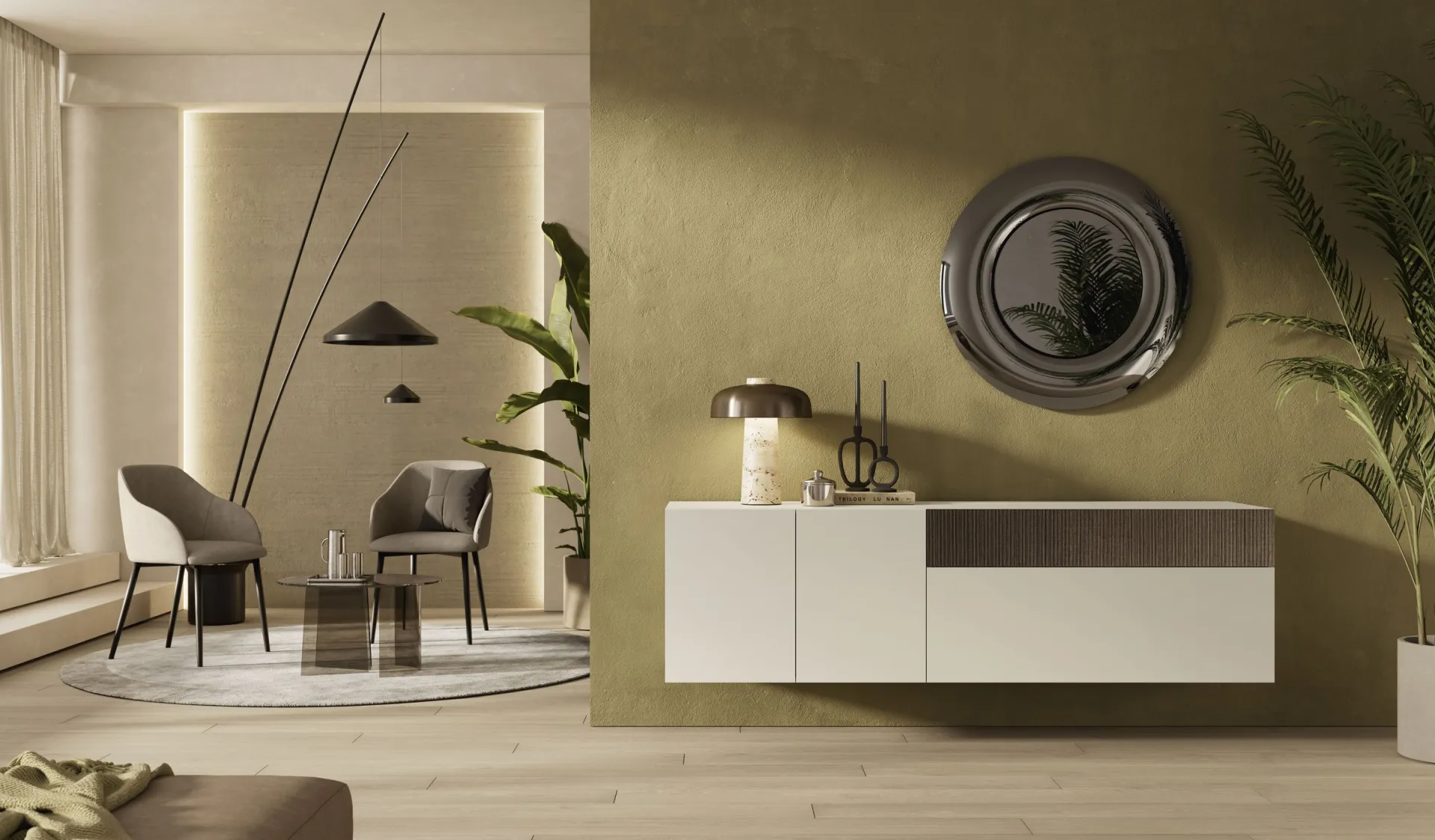 Madia sospesa Feeling Scavolini color crema con vano in legno scuro sotto uno specchio rotondo
