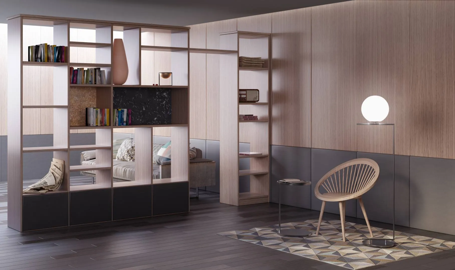 Boiserie Istinto Tosato a pannelli verticali chiari con fascia grigia, libreria divisoria e poltroncina