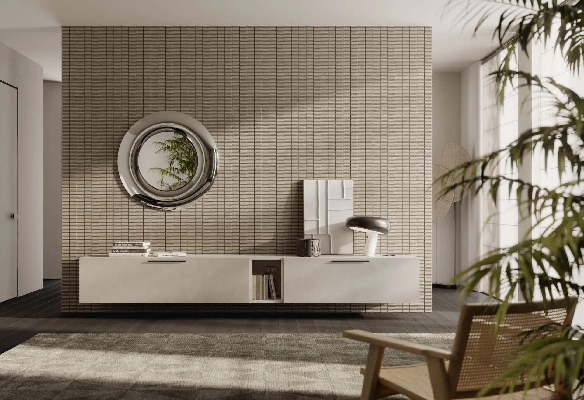Parete attrezzata Feeling Scavolini con lunga base sospesa color sabbia e vano a giorno con libri