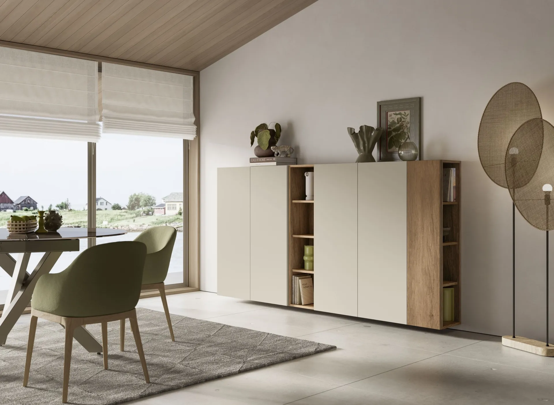 Composizione Feeling Scavolini con armadi alti color crema e colonne a giorno in rovere vicino al tavolo