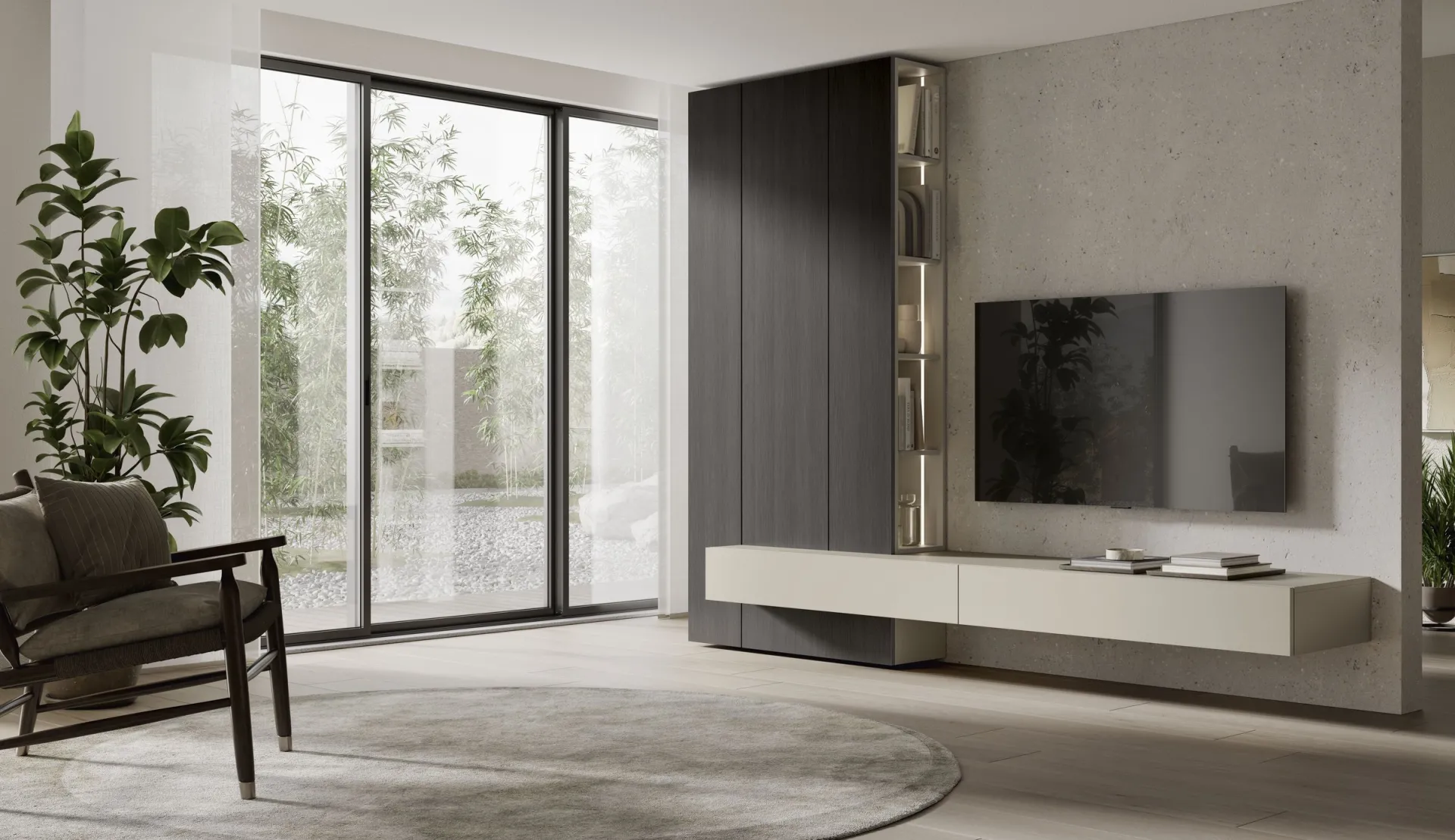 Parete attrezzata Feeling Scavolini con base sospesa chiara e alta colonna antracite con ripiani illuminati