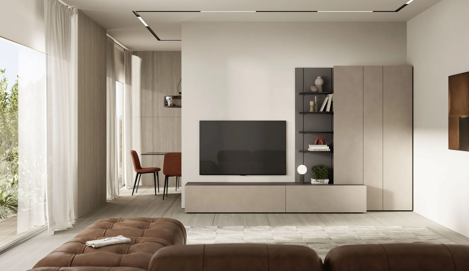 Composizione soggiorno Feeling Scavolini con base e armadio color pietra e libreria con ripiani in metallo