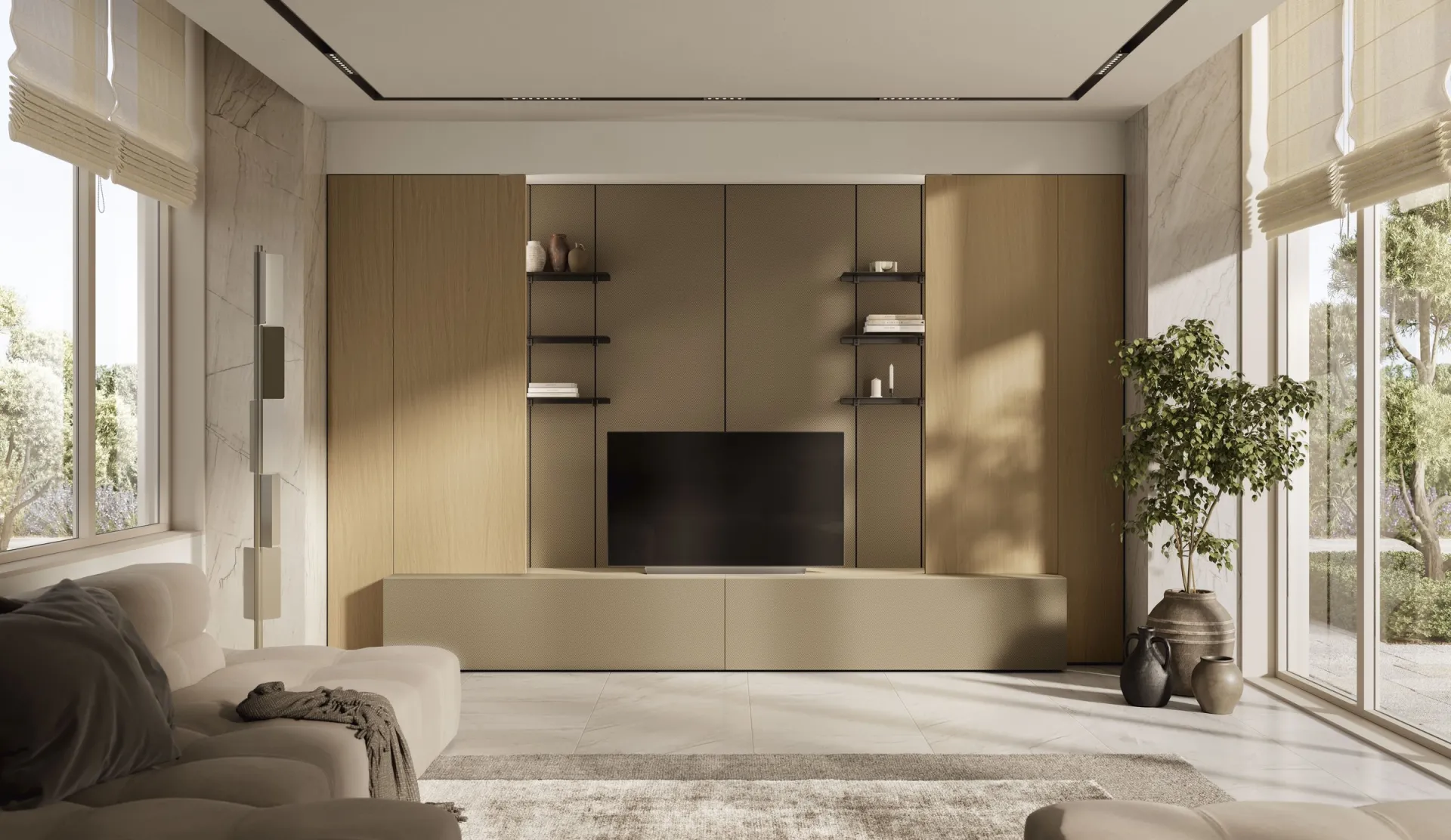Parete attrezzata Feeling Scavolini con armadi in rovere, schienale tortora, mensole scure e base TV