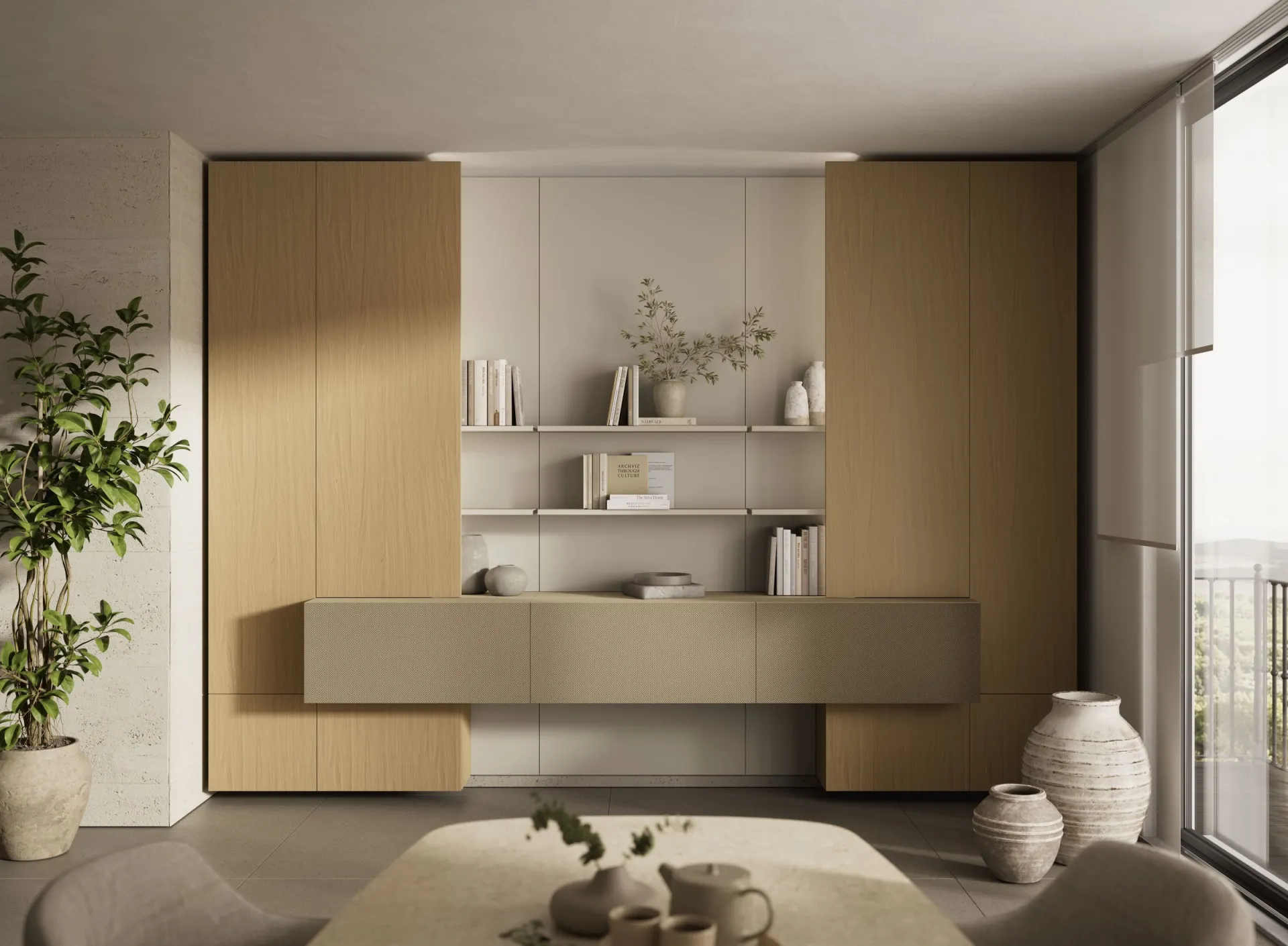 Composizione Feeling Scavolini con armadi alti in rovere, libreria centrale chiara e base sospesa tortora
