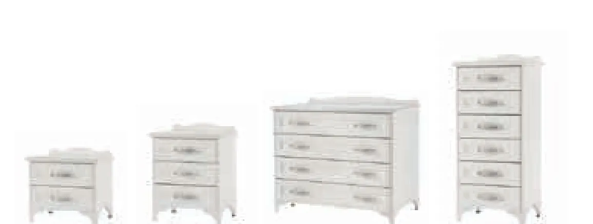 Gruppo notte Beverly Arcadia Colombini con due comodini, comò e settimanale bianchi su piedini curvi