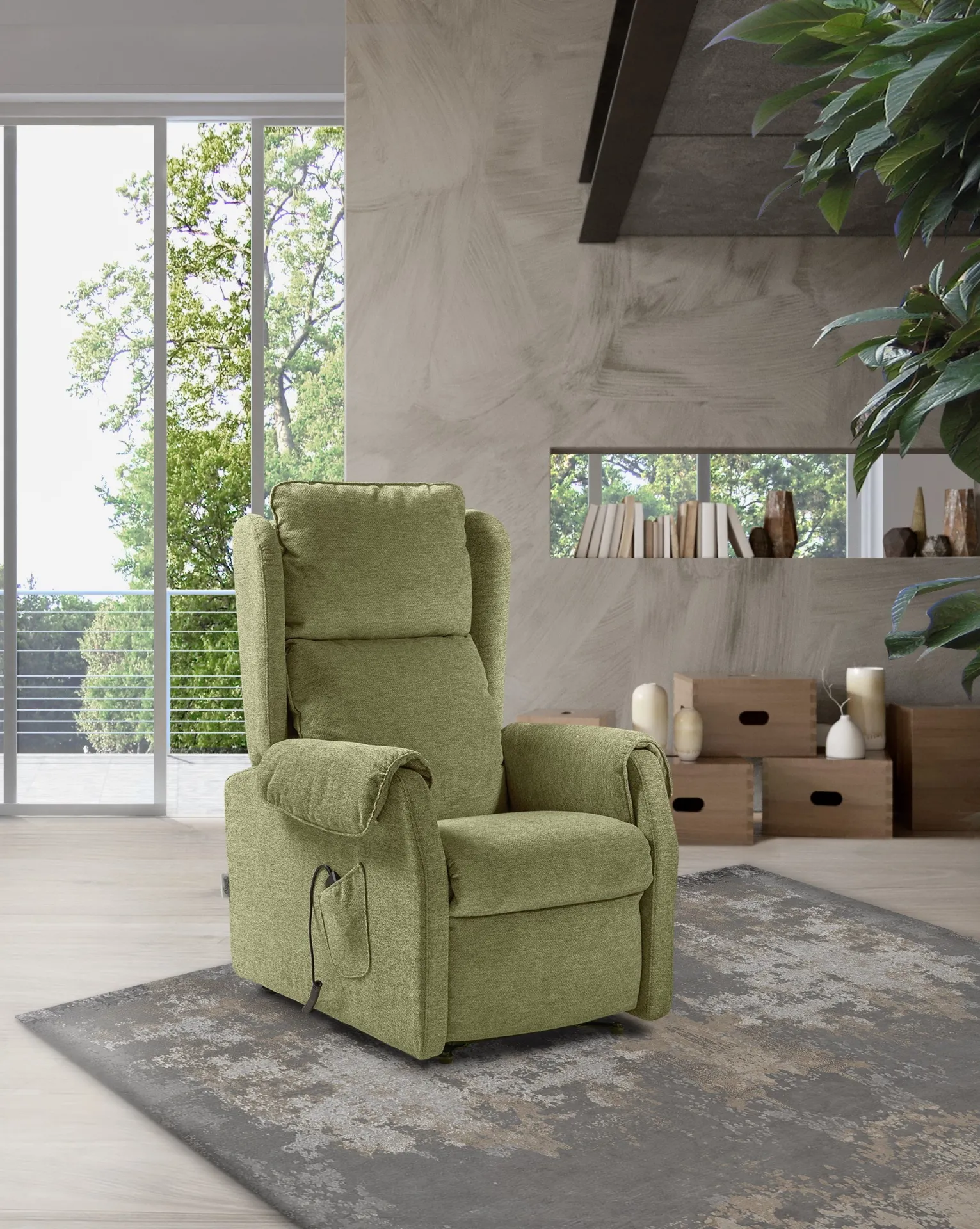 Poltrona relax alzapersona Frida Il Benessere verde in un soggiorno luminoso