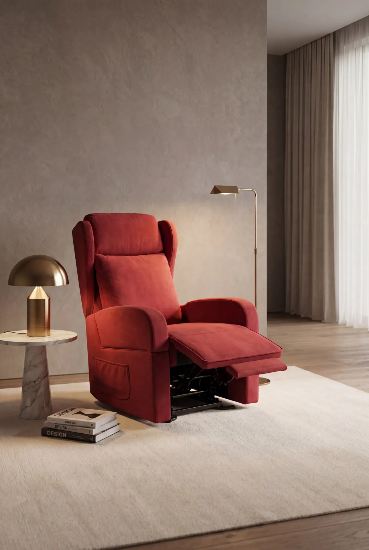 Poltrona relax alzapersona Giulia Super Il Benessere rossa aperta in un salotto