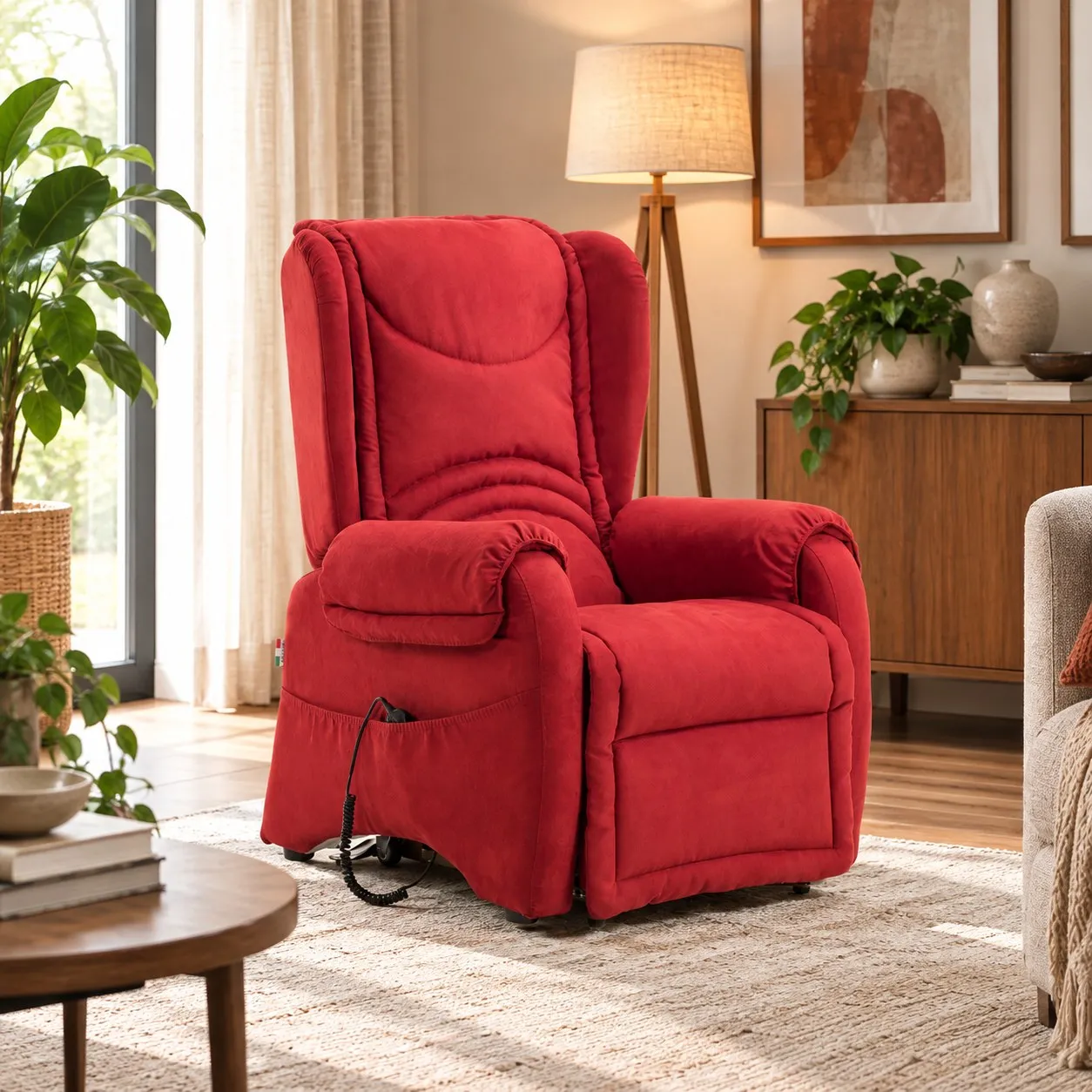 Poltrona relax alzapersona King Il Benessere rossa in un soggiorno con lampada