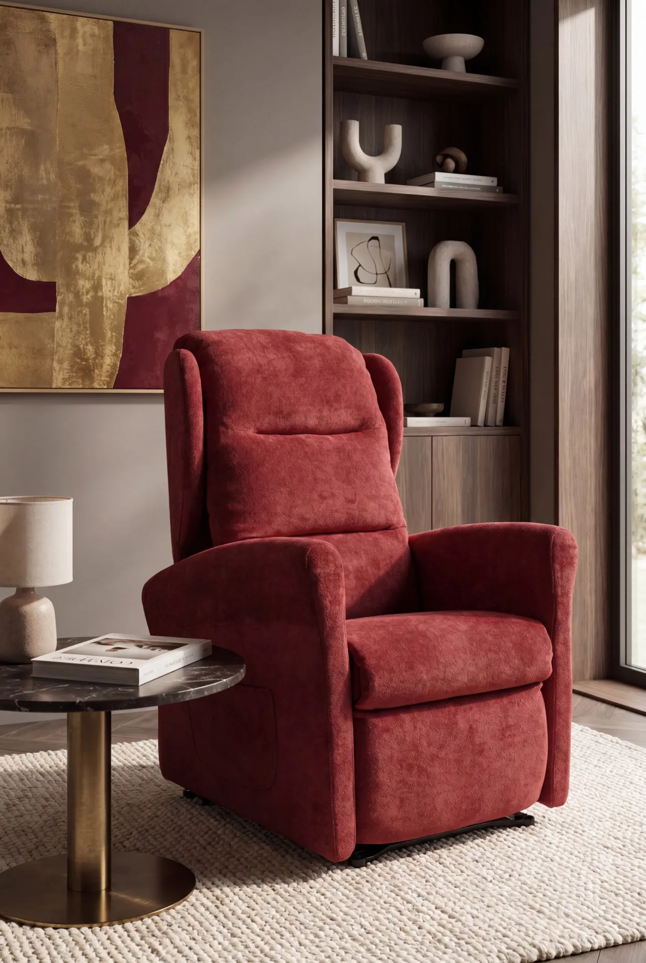 Poltrona relax alzapersona Melissa Il Benessere rossa accanto a una libreria scura