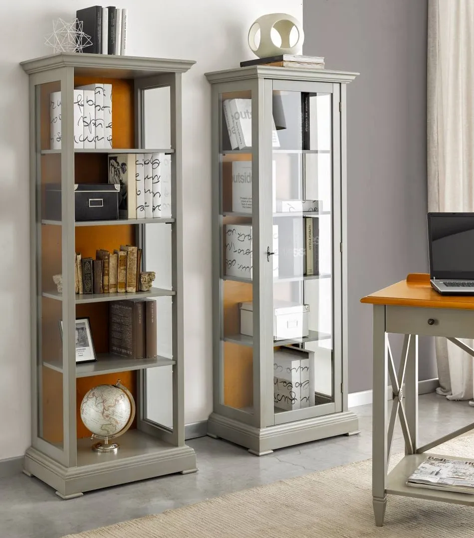 Librerie a colonna Tosato 60.27 e 60.26 in grigio miele, una a giorno e una con anta a vetro