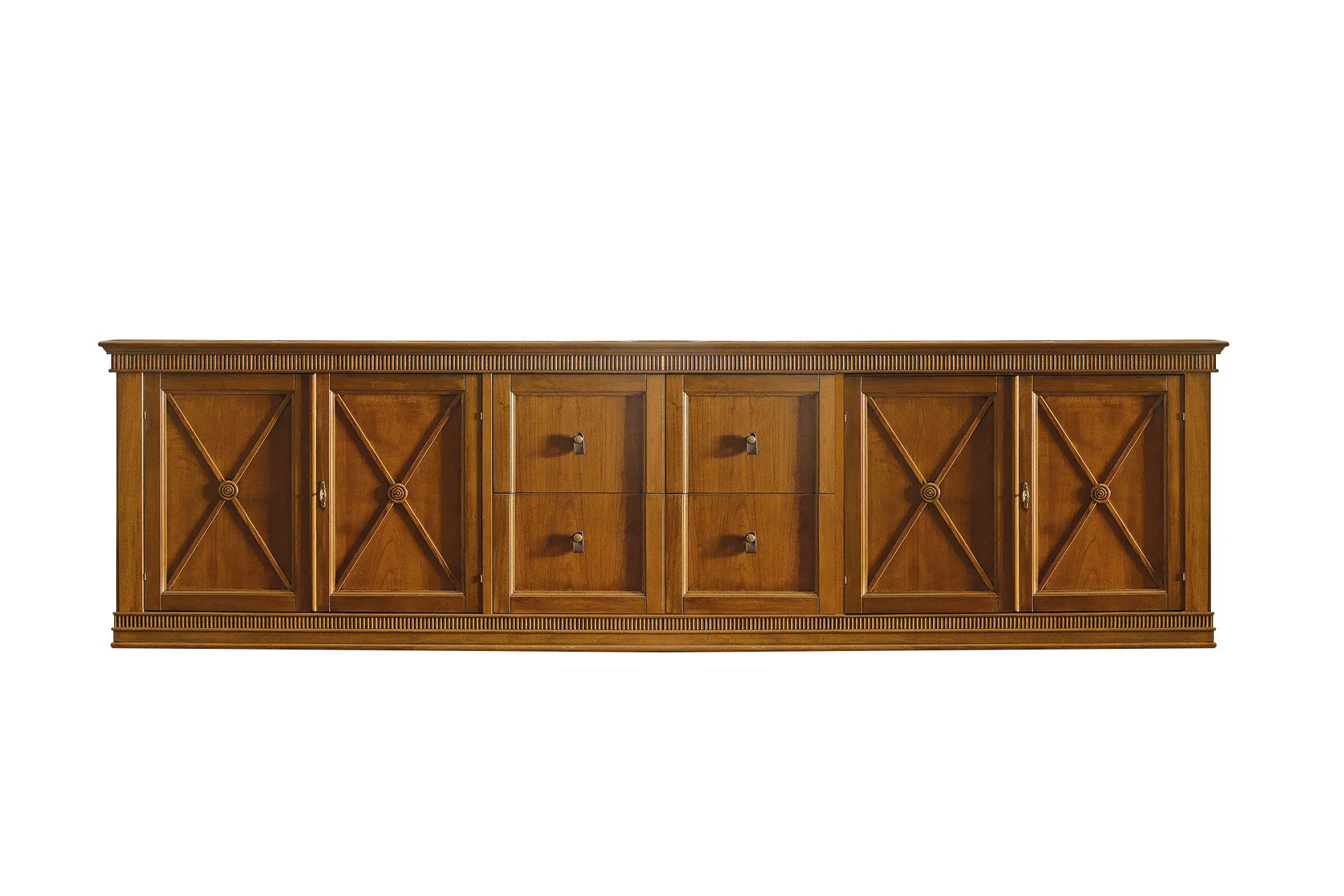 Credenza Tosato 60.24 vista di fronte su fondo bianco, con quattro ante a croce e cassetti centrali