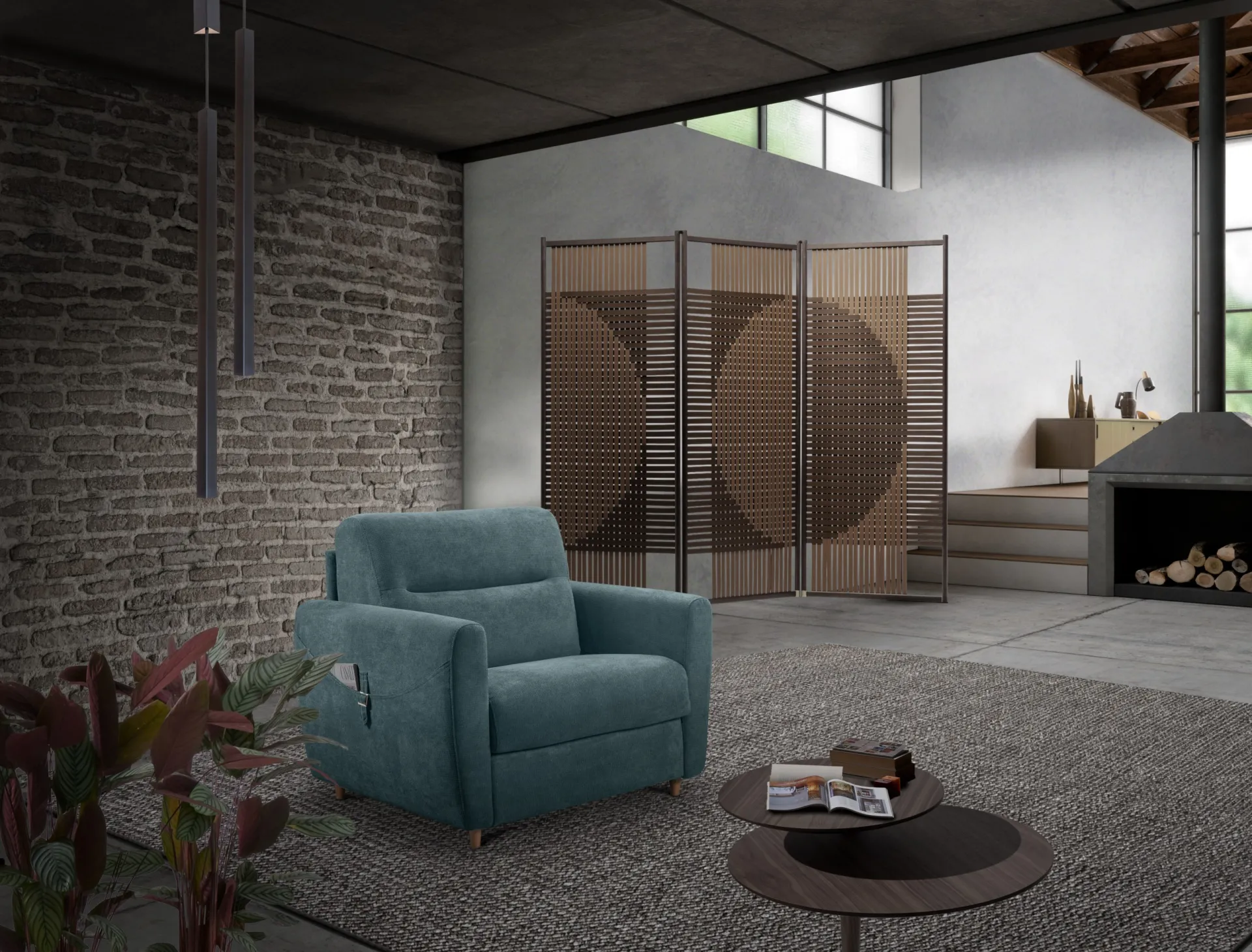 Poltrona letto Roger Il Benessere verde petrolio in un loft con muro in mattoni