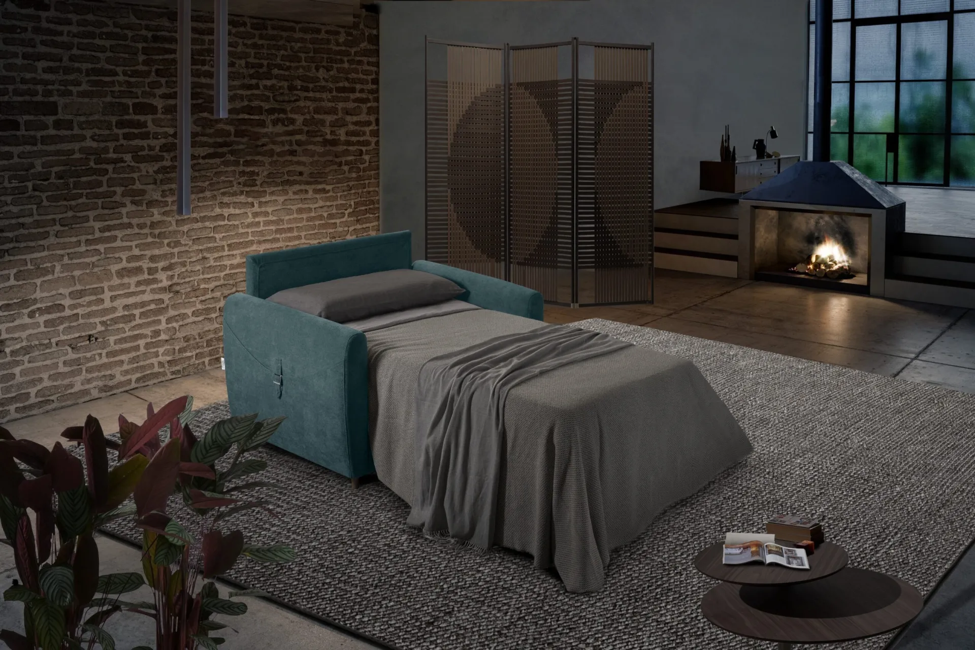Poltrona letto Roger Il Benessere aperta con coperta grigia