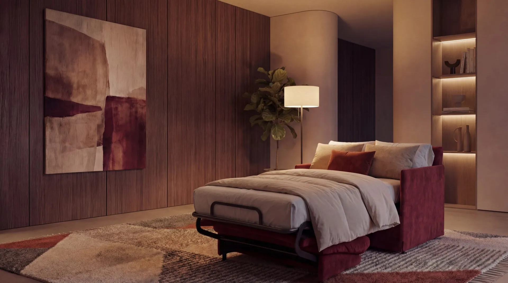Poltrona letto Zelit Il Benessere aperta in una camera dalle pareti scure