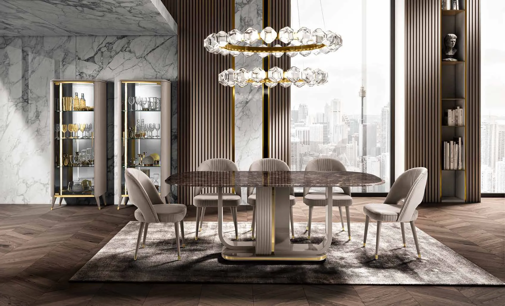 Tavolo Crystal Saber Jewels con piano in marmo Emperador e sedie