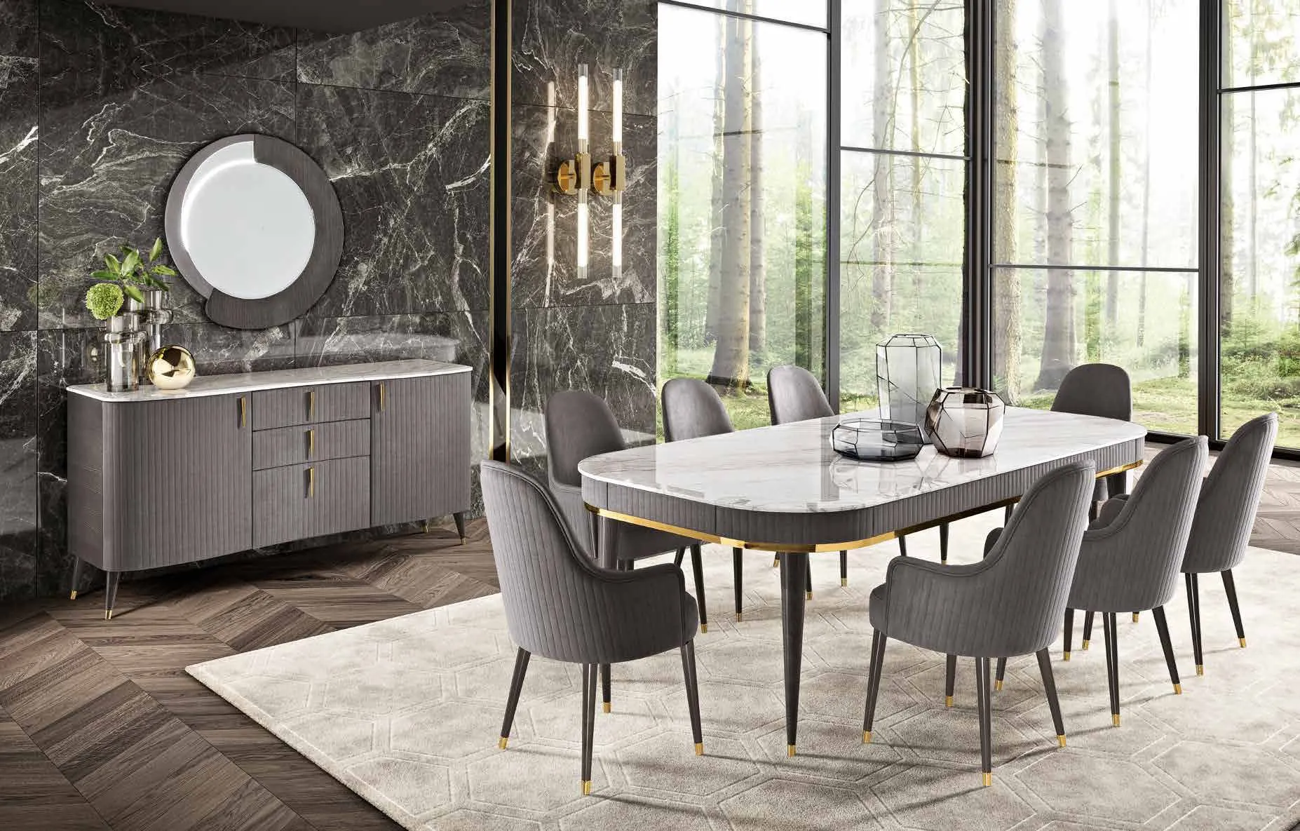 Sala da pranzo con tavolo Amethyst Saber Jewels e credenza Amber
