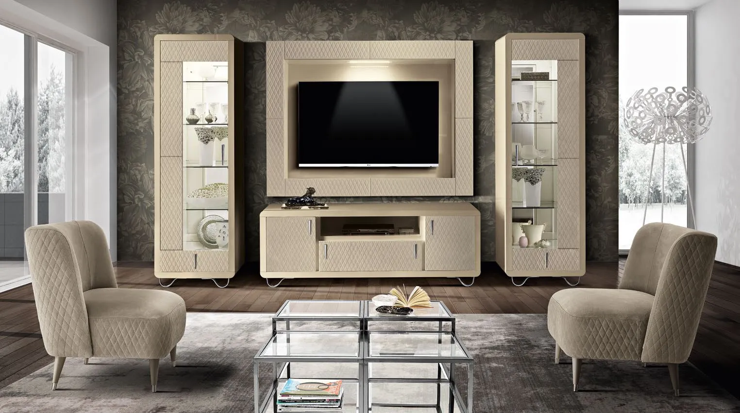 Soggiorno Amber Saber Jewels con parete TV e vetrine laterali