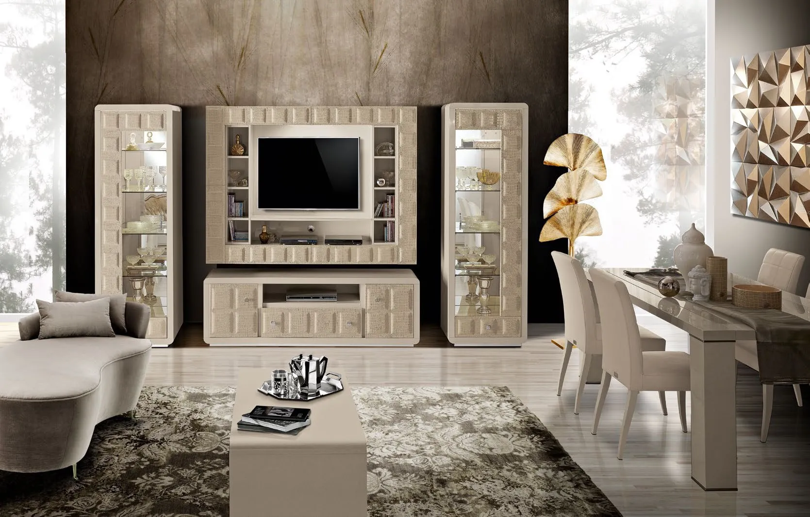 Soggiorno Amber Saber Jewels con porta TV e vetrine in tortora