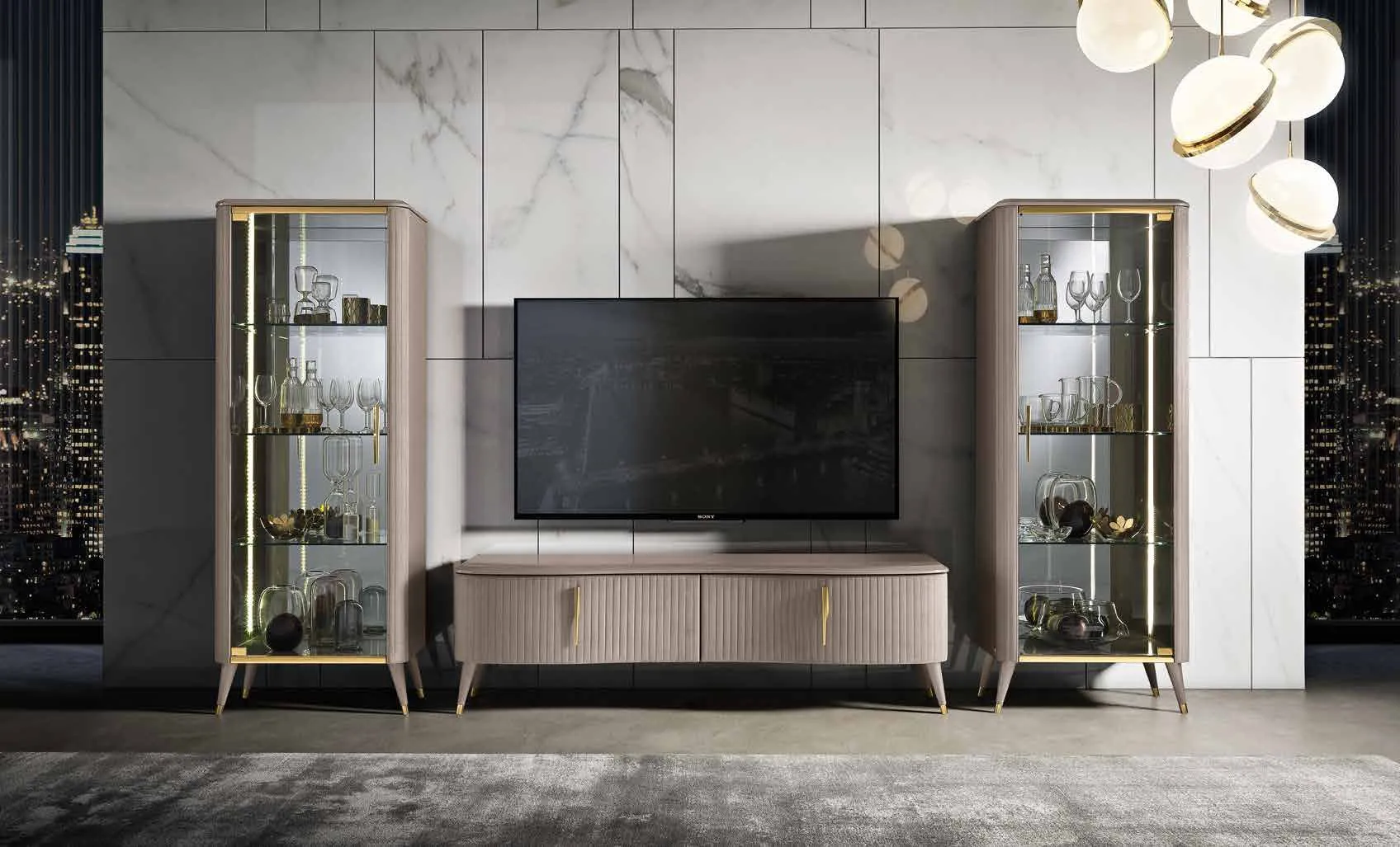 Soggiorno Crystal Saber Jewels con porta TV e vetrine