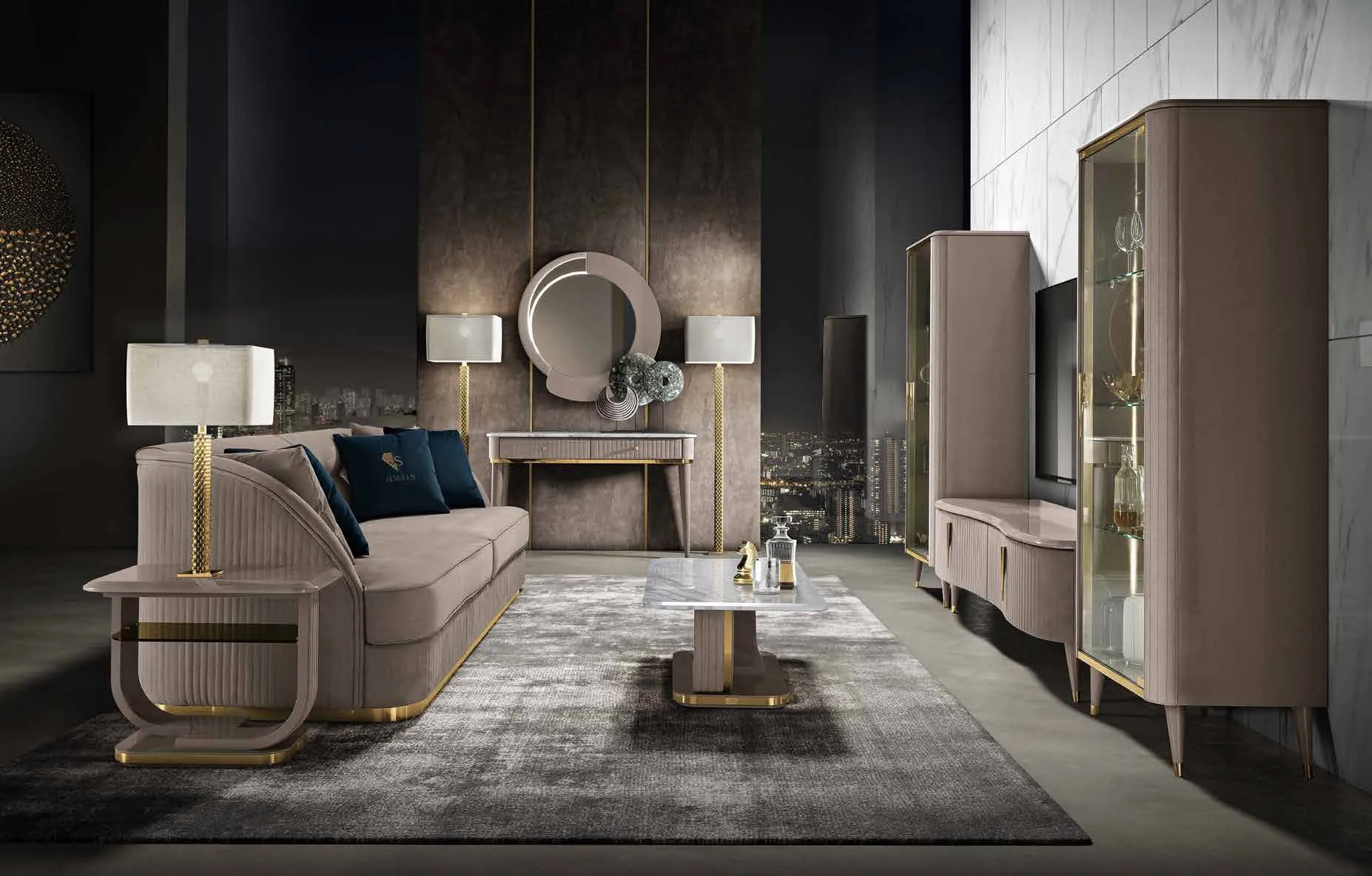 Living Crystal Saber Jewels con divano, consolle e vetrine