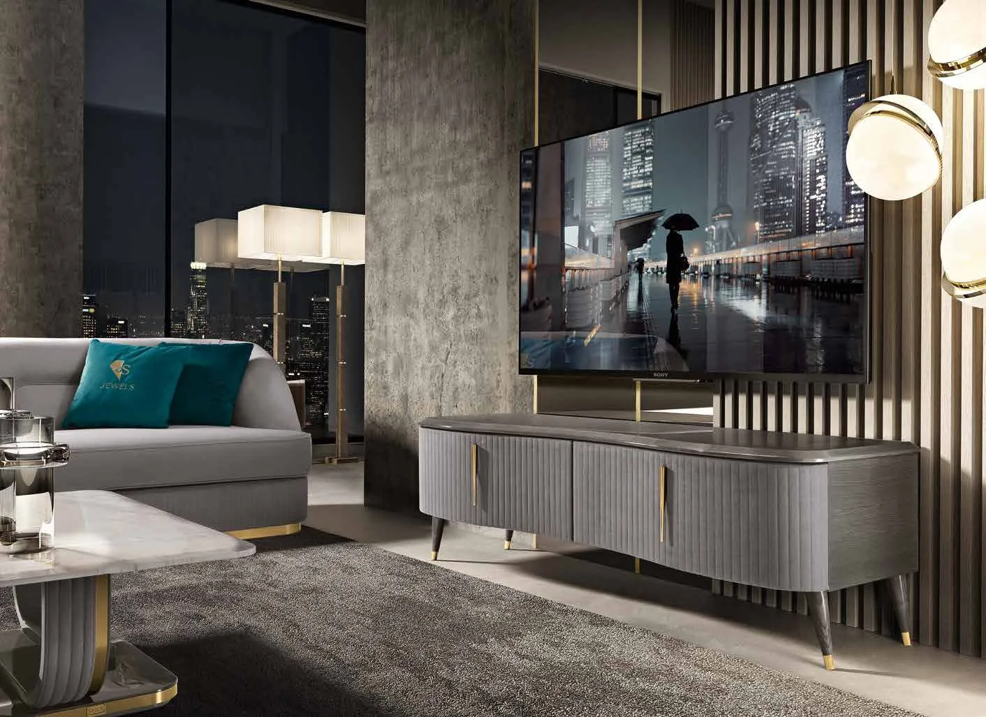 Mobile basso Amber Saber Jewels in soggiorno con TV