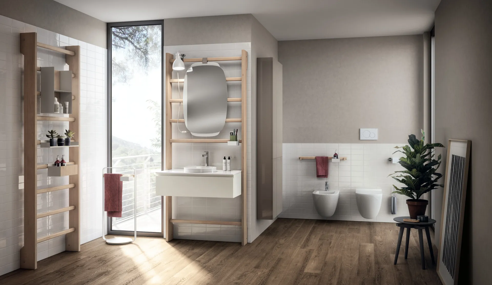 Bagno Gym Space Scavolini con spalliera in legno chiaro Blond, base Rivo bianca e specchio sagomato