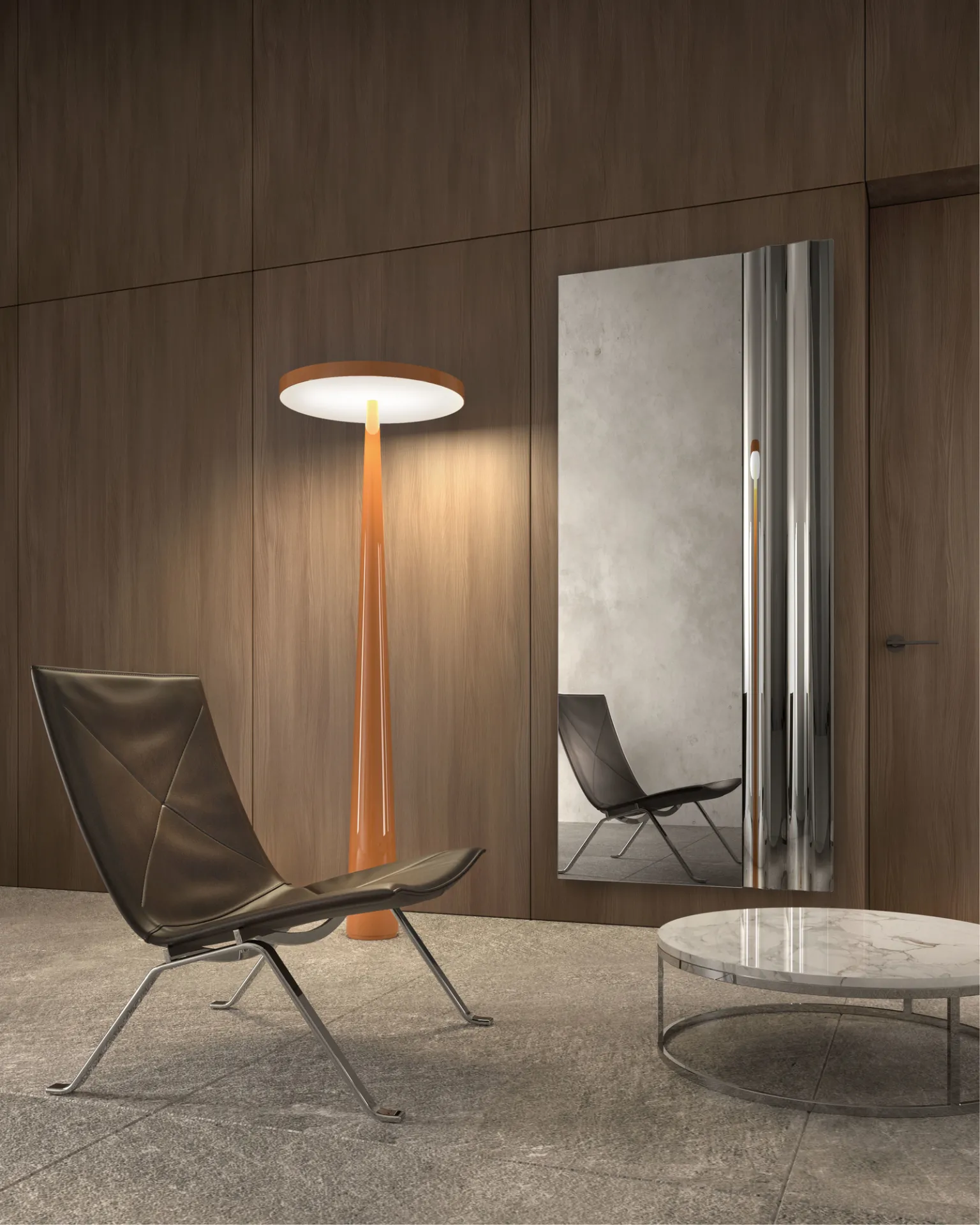Specchio verticale Zenith Stones su parete in legno accanto a una lampada da terra e a una poltrona