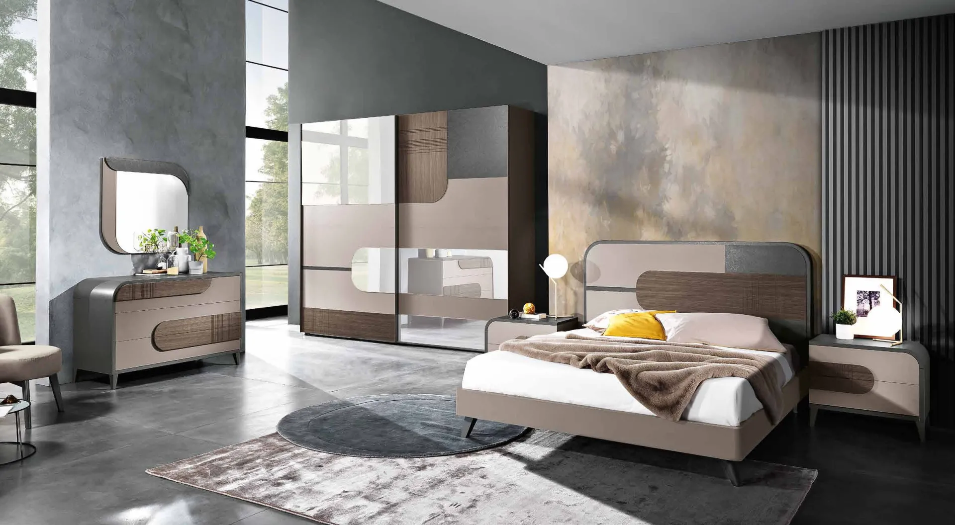 Camera da letto Trendy Saber grigia con letto, comò e armadio
