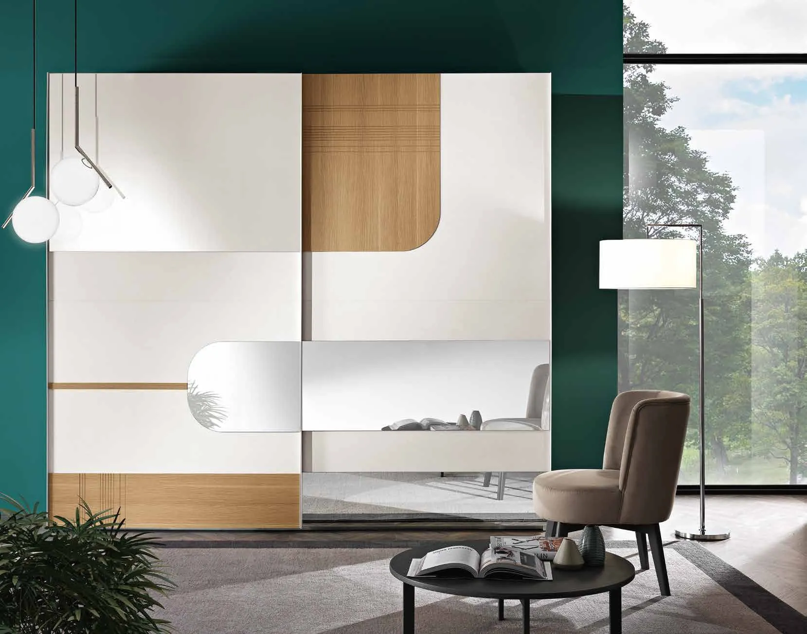 Armadio scorrevole Trendy Saber bianco e rovere con specchio