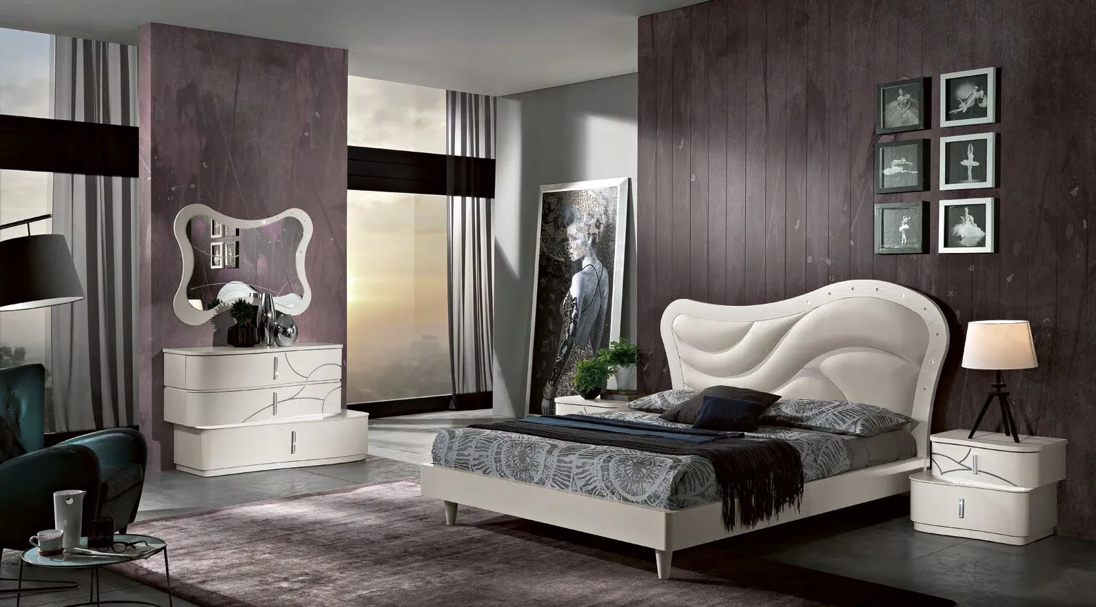 Camera da letto Dalì Saber in frassino bianco con letto e comò
