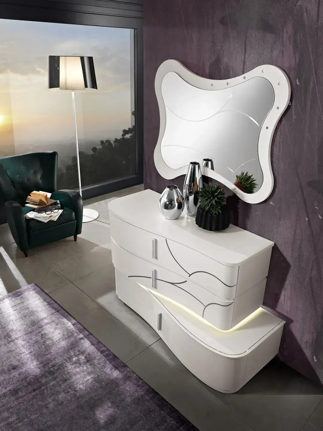 Comò Dalì Saber con luce LED e specchiera sagomata