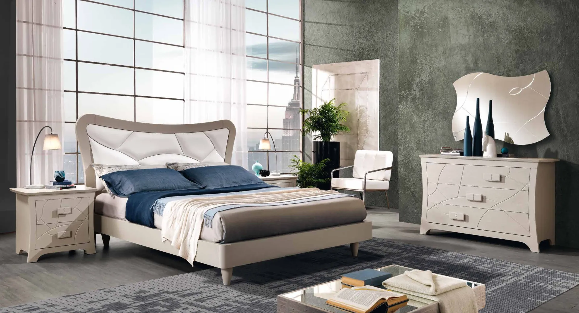 Camera da letto Mirò Saber in frassino perlato con letto e comò