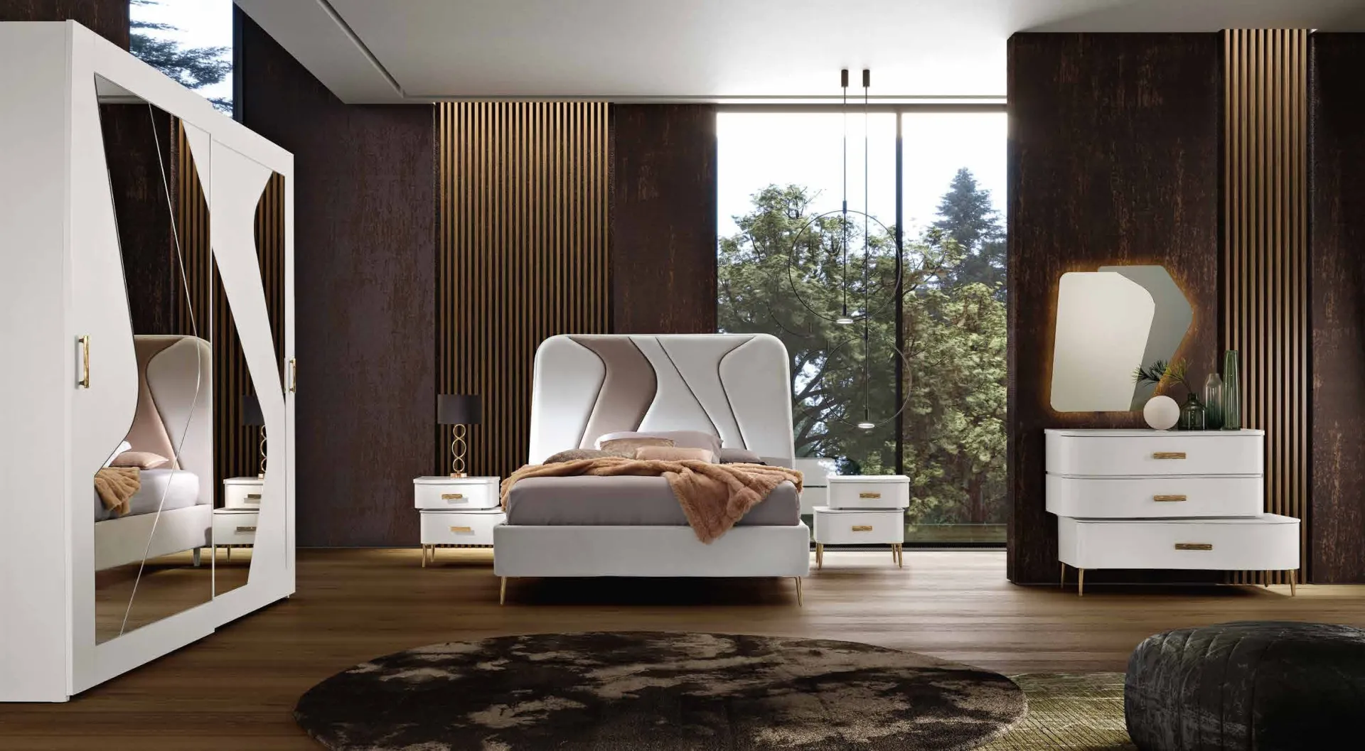 Camera da letto Kenzo Saber con letto imbottito e armadio scorrevole