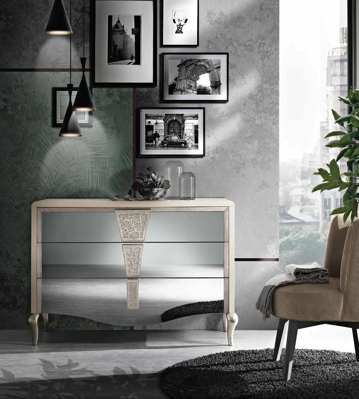 Comò Chanel Saber con cassetti a specchio e maniglia traforata