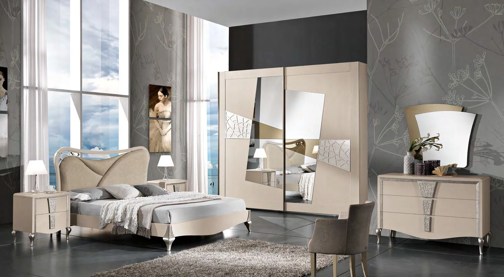 Camera da letto Gaudì Saber in frassino cipria con letto e armadio