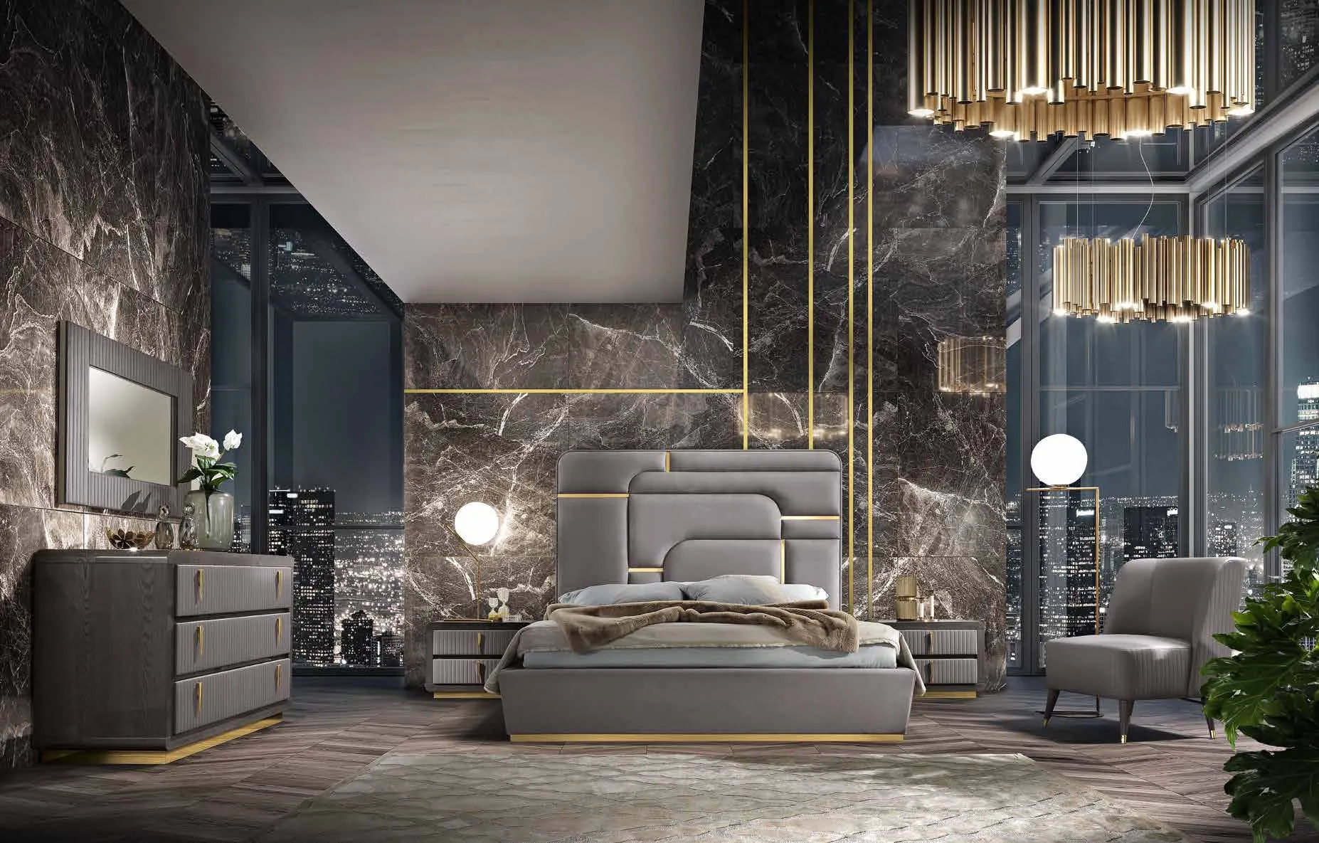 Camera Crystal Saber Jewels con letto, comò e specchiera tonda