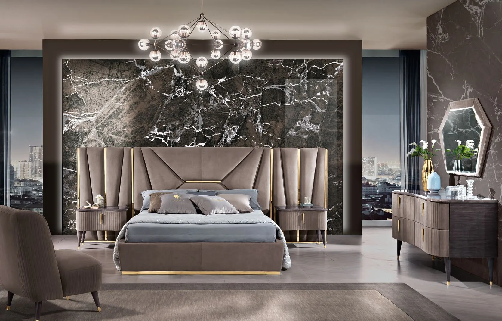 Letto Emerald Saber Jewels con testiera alta e inserti dorati