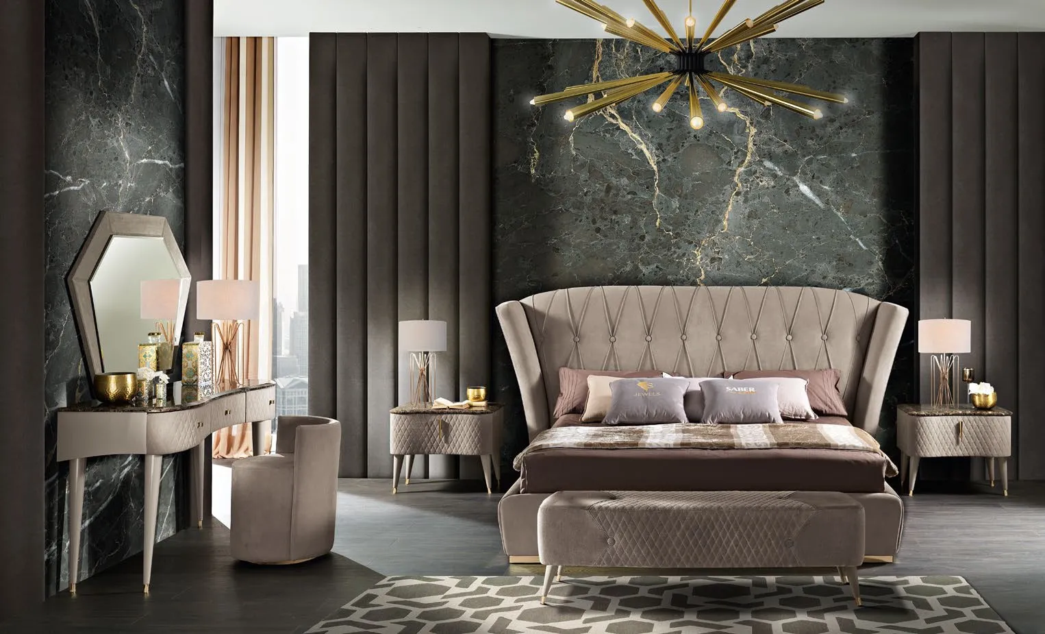 Camera con letto Jade Saber Jewels, toeletta e lampadario