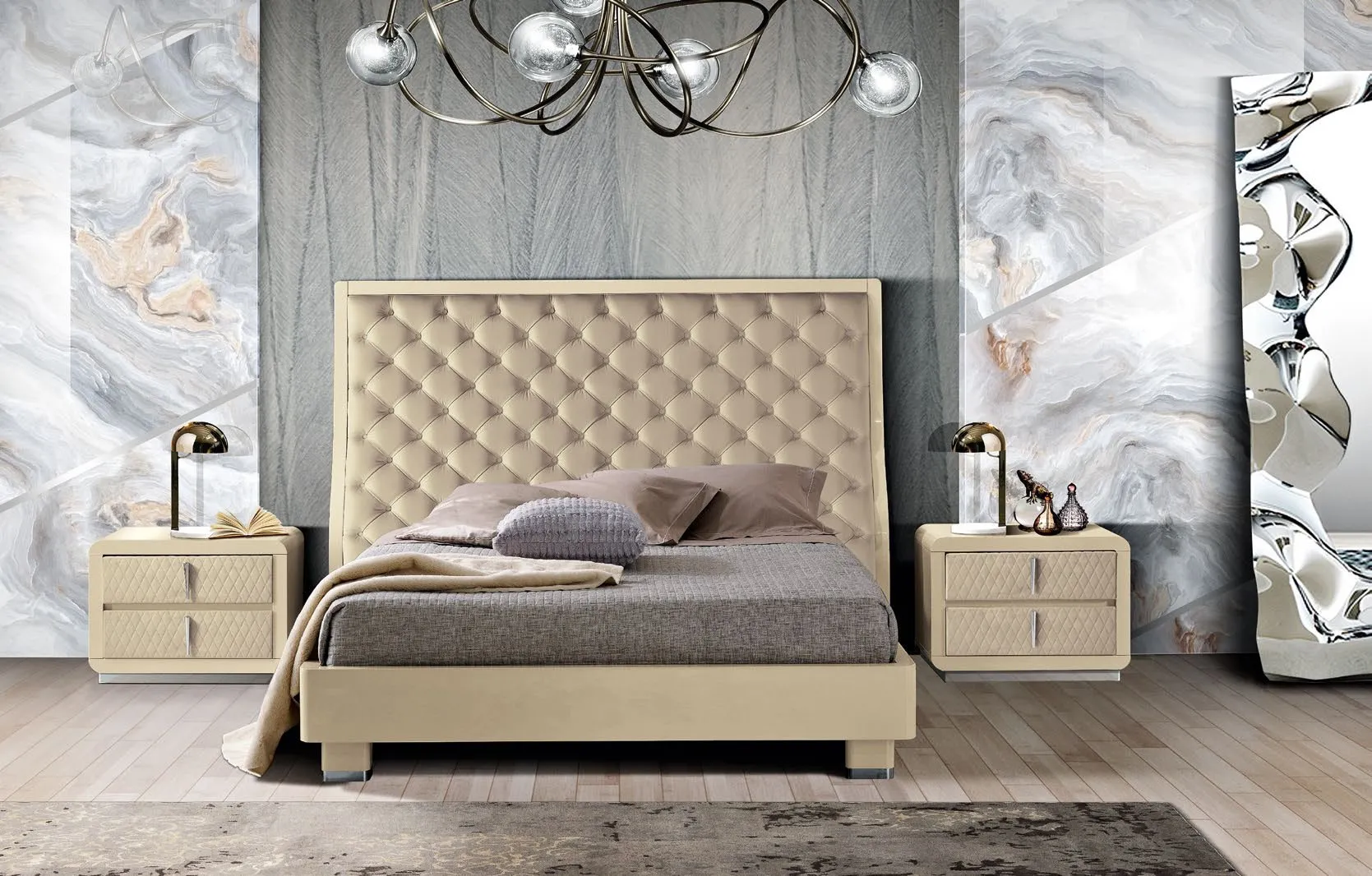 Letto Royale Saber Jewels tra due comodini chiari